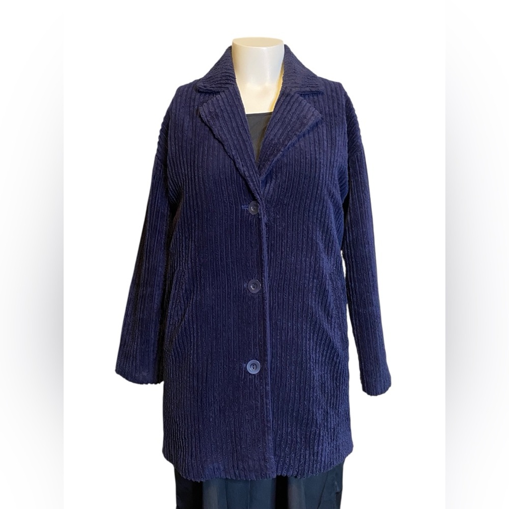 Eileen Fisher Navy Blue Corduroy Organic Cotton Long Coat Jacket Women’s SZ 8